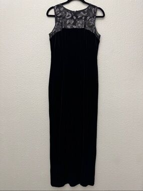 Chaps Black Velvet Maxi Dress Sheer‎ Sequin Mesh Neckline Y2K Whimsigoth Size 10